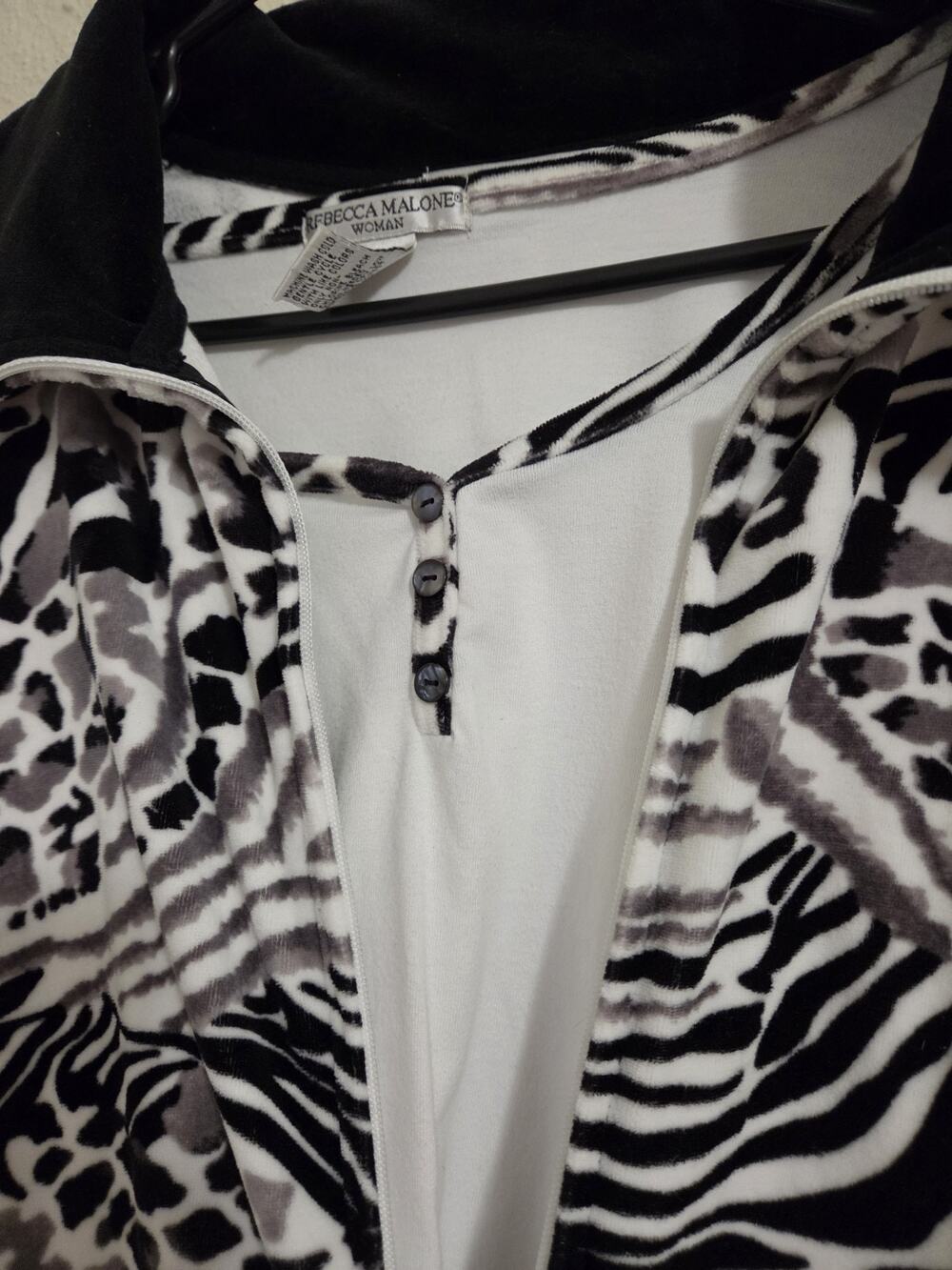 Rebecca Malone 2 Piece Set Zip Velour Jacket Henley Top 2X Zebra Animal Print